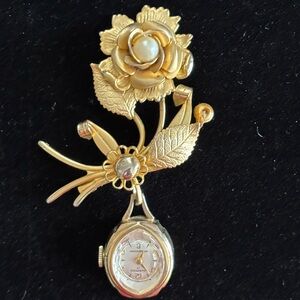 Vintage Gold-Tone Rose Brooch Pendant Hampden Watch